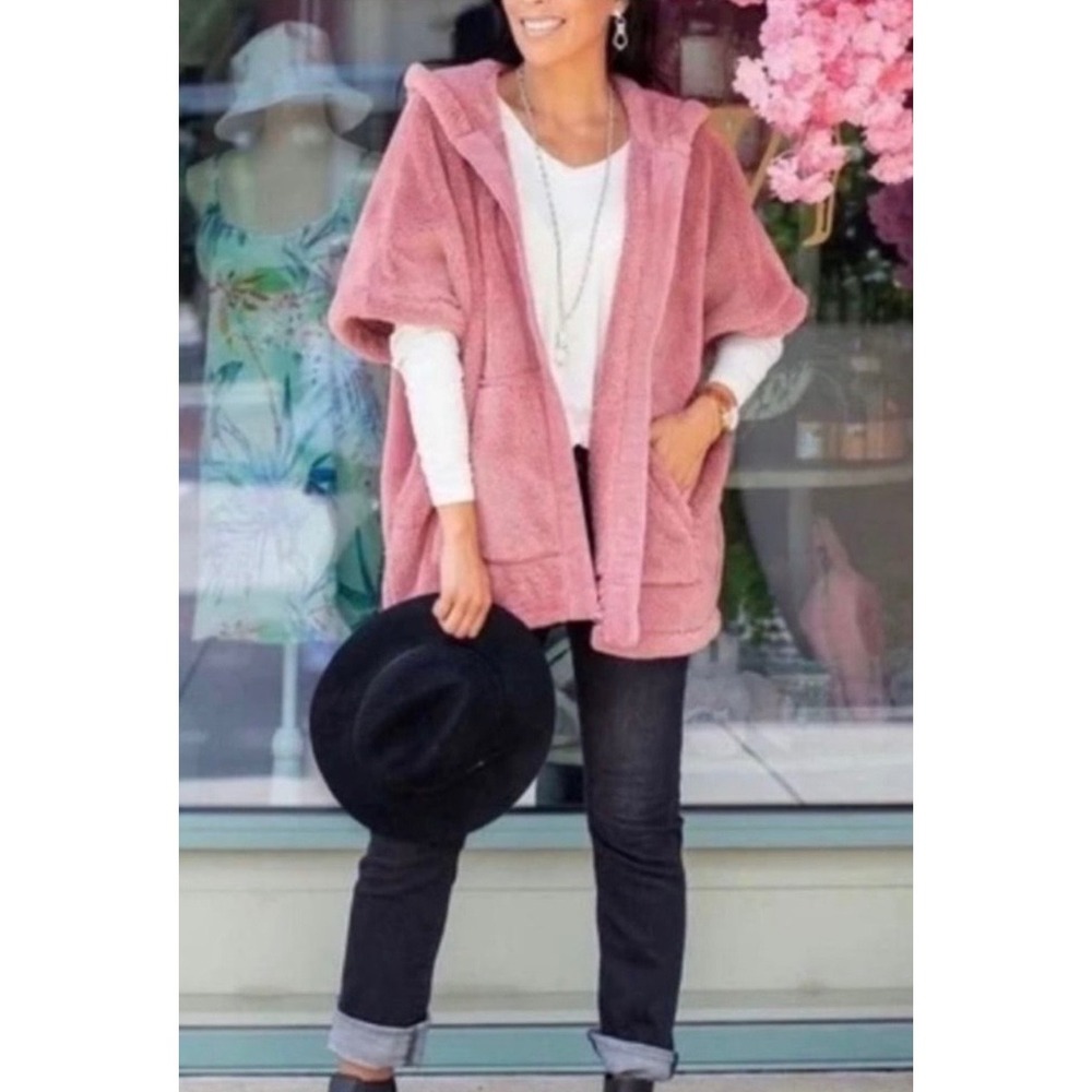 Cabi Snuggle‎ Hoodie 4121 Rose Pink Faux Fur Teddy Poncho Half Zip Small